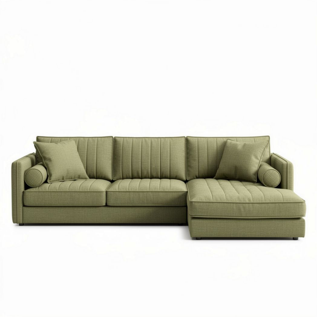 L-vormige groen stoffen bank met kussen 240 x 90 x 85cm