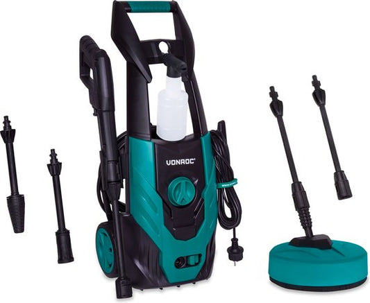VONROC Hogedrukreiniger V14-2 - 1400W – 110 bar – 390 l/h – Incl. 5m slang, reinigingsmiddelen flesje, terrasreiniger en meer(V14-2 – Compleet)