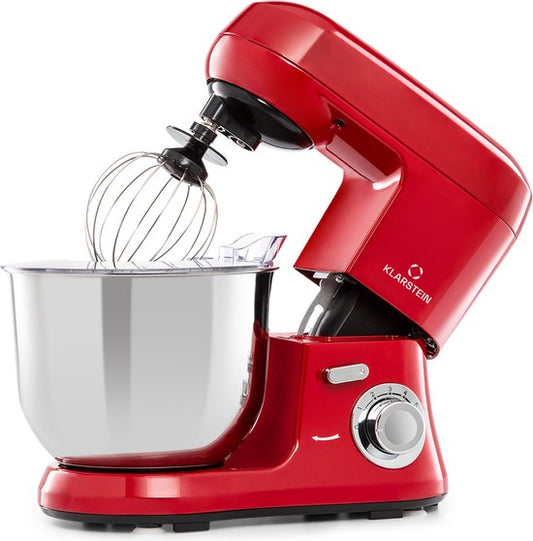 Klarstein Bella Robusta Keukenmachine - RVS mengkom 5,5 liter - Inclusief garde, kneedhaak en menghaak - 1200 W - 6 snelheden - Rood(Rood)