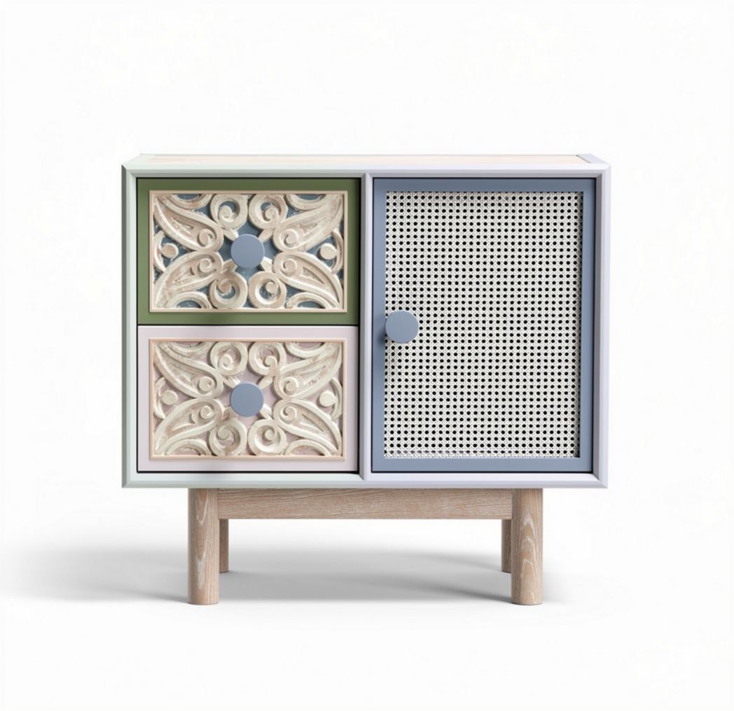 Kast met twee lades en één deur van hout in pastelkleuren 80 x 40 x 70cm