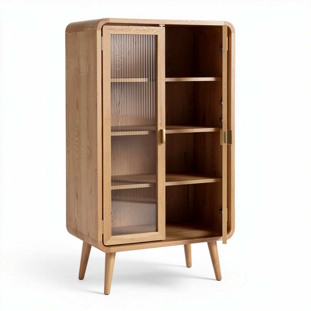 Kast met glazen deuren van hout in crème kleur 90 x 45 x 180cm