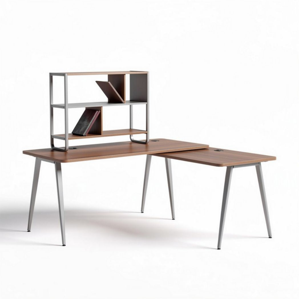 L-vormig bureau met metalen frame en houten bladen 150 x 100 x 75cm