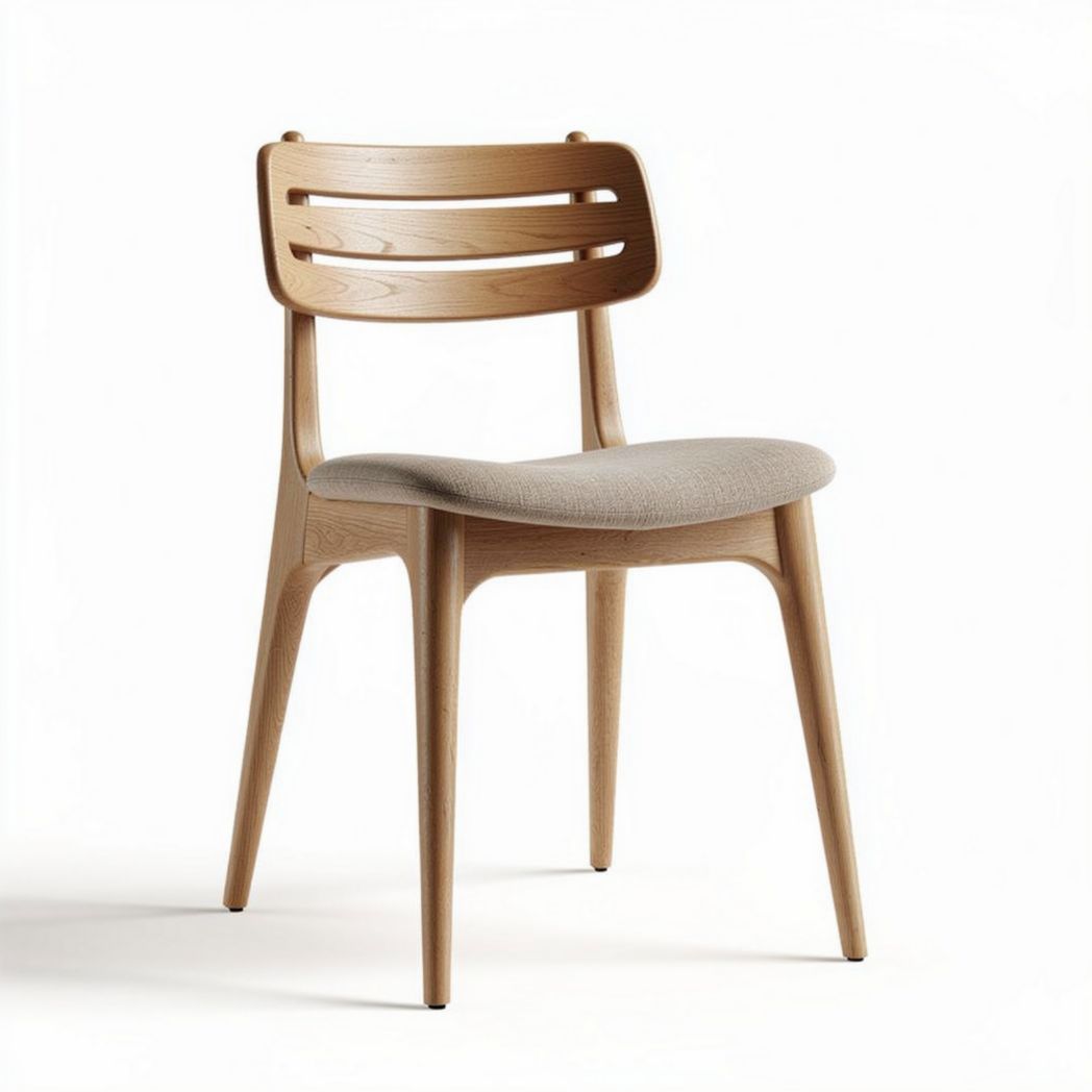 Houten eetstoel met stoffen zitting en een afmeting van 45 x 45 x 85cm