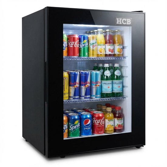 HCB® - Professionele Horeca Minibar koeling - 40L - Mini Koelkast met glazen deur - Kleine drankenkoelkast - D - Zwart - Flessenkoelkast - Bier koelkast - tafelmodel - 42.2x40x56.8 cm (DxBxH) - 13 kg - Frigo - 9968