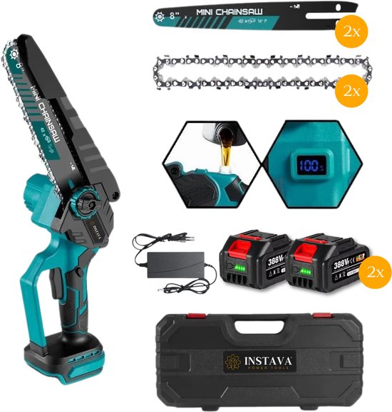 Instava Mini Kettingzaag 20cm – Accu Kettingzaag – Incl. 2 Accu’s (4.0Ah) – Takkenzaag – Geschikt voor Makita LXT 18V – Complete Set met Koffer  Accessoires(202)