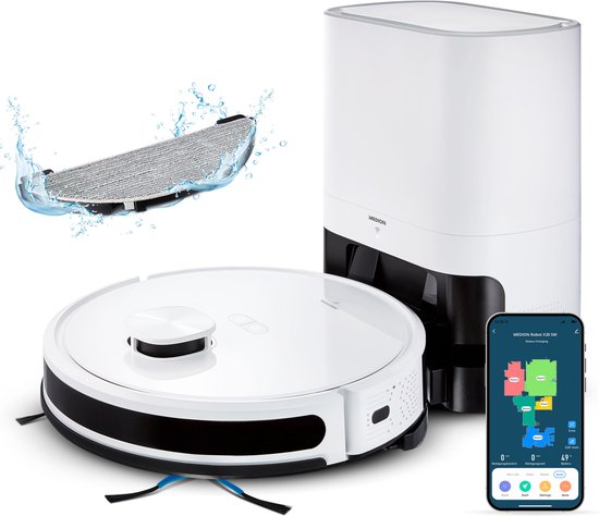 MEDION robotstofzuiger met zuigstation en dweilfunctie X20 SW+ (lasernavigatie, krachtige 3000Pa zuigkracht, 2in1 robotstofzuiger, nauwkeurig in kaart brengen, Go  No Go zones, meerdere vloeren)(MD11415)