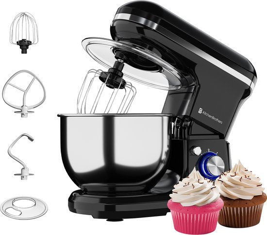KitchenBrothers 1200W Keukenmachine - Keukenrobot - 5L - Mixer met Mengkom - Keukenmixer - Zwart(1200W， Zwart)