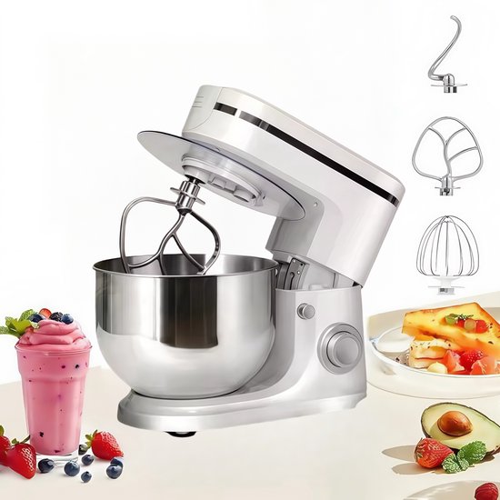Traumheim® XS-002 6L 3-in-1 multifunctionele standaardmixer, 1500W keukenmachine, 6+P snelheid, knedenmachine met 3 accessoires en kom (wit)