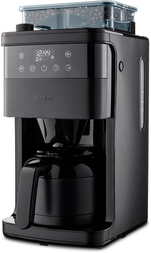 MEDION koffiezetapparaat met molen en thermoskan (1 liter, max. 8 kopjes, 8 maalinstellingen, max. 1000 watt, timer, LED-display, druppelstop, permanent filter, MD19911)(zwart)