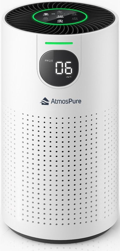 AtmosPure® CleanAir Luchtreiniger - Air Purifier met vervangbaar HEPA 13 + Koolstof filter - CADR 250 m³/h - Wit - Voor 98 m² - Filtert pollen, huisstofmijtallergenen en fijnstof - 3 standen + stille slaapstand - Luchtkwaliteit Sensor(Wit)