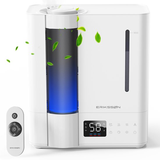 Erikssøn Luchtbevochtiger Elite - 8 Liter - Geschikt voor Woonkamer, Kantoor, Slaapkamer, Babykamer - Humidifier - Met Aromatherapie - Wit