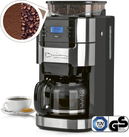 Barista Filterkoffiezetapparaat met Bonenmaler – Warmhoudfunctie, 24-uurs Timer, Permanent Filter – 10 Kopjes – Voor Bonen en Gemalen Koffie(zwart - Glazen kan)