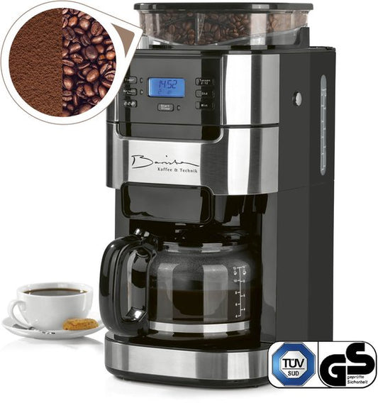 Barista Filterkoffiezetapparaat met Bonenmaler – Warmhoudfunctie, 24-uurs Timer, Permanent Filter – 10 Kopjes – Voor Bonen en Gemalen Koffie(zwart - Glazen kan)