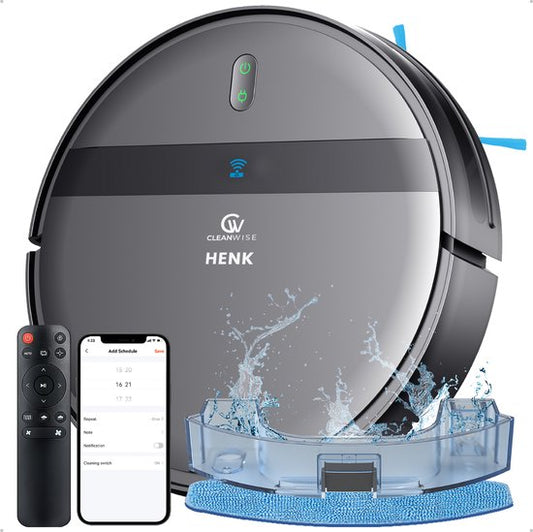 CleanWise Henk Robotstofzuiger – Nederlands Product – Voor Huisdieren – Met Dweilfunctie  Laadstation – Dweilrobot – 4500 Pa – HEPA 14 – Ultra dun 7,4 cm – App  Spraakbediening – Voor Huisdierharen, Harde Vloeren  Tapijt