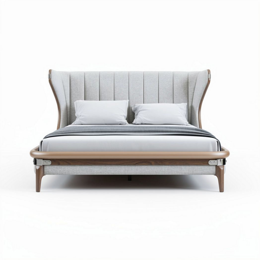 Stijlvol hoogslaper bed met gestoffeerde rugleuning en houten frame 200 x 160 x 100cm