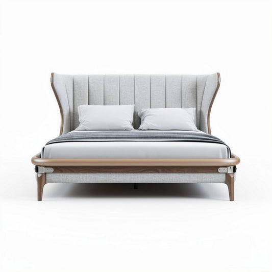 Stijlvol hoogslaper bed met gestoffeerde rugleuning en houten frame 200 x 160 x 100cm