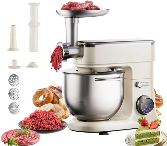 Merkloos / Sans marque Flolife - Keukenmachine 7 Liter 1200W – Standmixer met DC Motor, Deeghaak, Ballongarde, Klopper en Vleesmolen Accessoire