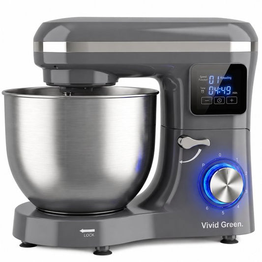 Vivid Green 2000W Keukenmixer - Timer  Automatische Stop - Geschikt voor Zwaar Deeg - 6,2L Mengkom - Keukenmachine - Keukenrobot - Grijs(Grijs)