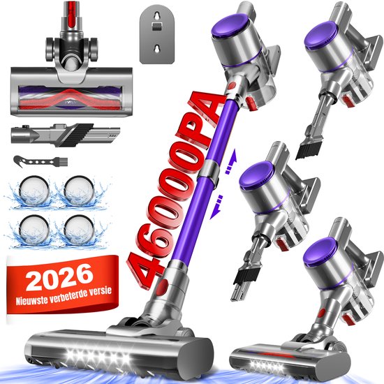 Elekiatech Steelstofzuiger- 46000Pa - 50 Minuten Gebruikstijd - 8 Kegel Filtersysteem Steelstofzuiger Draadloos - 1,5 L Stofbak - 2200 mAh Accu - voor Tapijten en Harde Vloere - Paars(A)