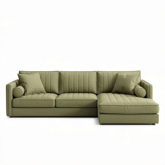 L-vormige groen stoffen bank met kussen 240 x 90 x 85cm