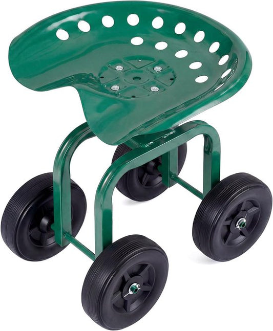 Costway COSTWAY Rolzitje met wielen, 360 graden draaibaar, in hoogte verstelbaar, mobiele tuinstoel, outdoor, tuinkruk, tot 150 kg, brede banden, metalen tuinrolstoel, voor tuinieren en auto-onderhoud, groen