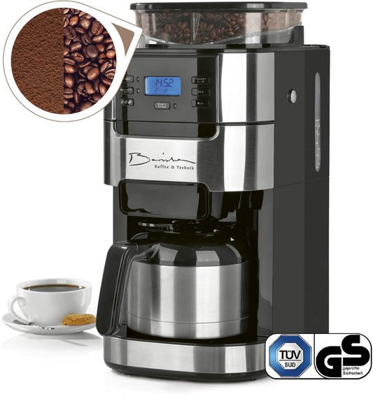 Barista Filterkoffiezetapparaat met Bonenmaler – Warmhoudfunctie, 24-uurs Timer, Permanent Filter – 10 Kopjes – Voor Bonen en Gemalen Koffie – Roestvrij Staal/Zwart(zwart - thermosfles)