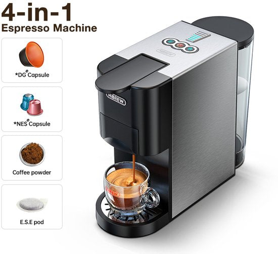 HiBrew HiBREW H3D 4-in-1 Capsule Koffiemachine – 20 Bar – Geschikt voor Nespresso, Dolce Gusto, E.S.E. Pods  Gemalen Koffie – Koud  Warm – 7 Waterniveaus – 800ml