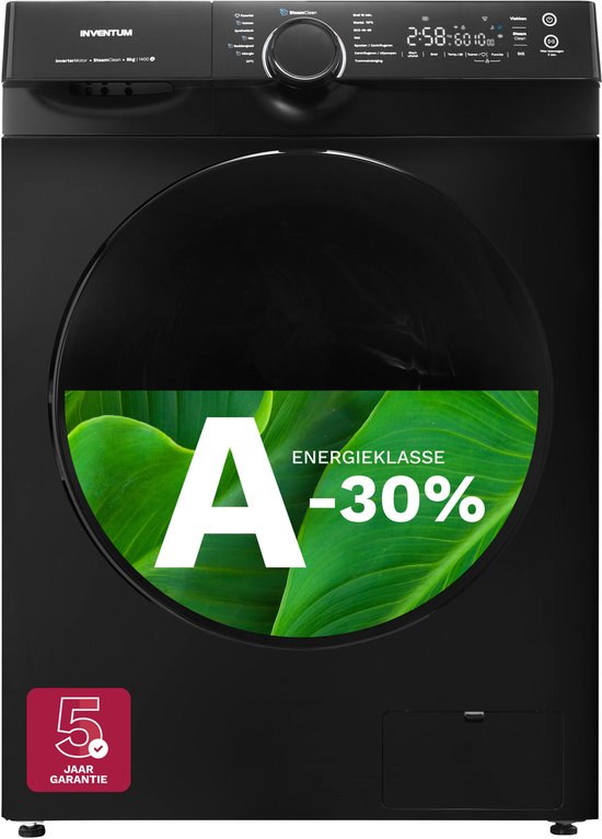 Inventum VWM8030B Wasmachine - 8kg - 1400 toeren - Energielabel A-30% - Stoomfunctie - Zwart