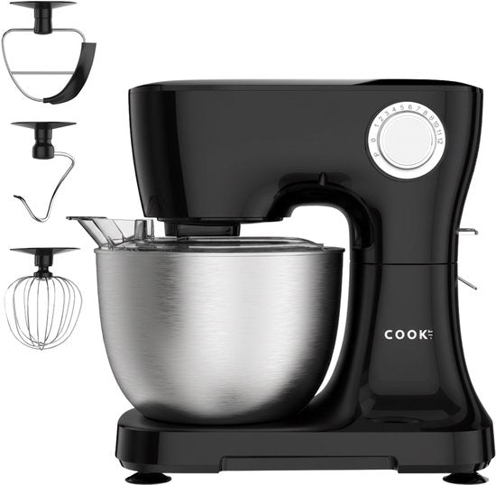 Media Evolution Keukenmachine Plus - Keukenrobot - Foodprocessor met 12 standen - Keukenmixer met RVS kom - Drie Opzetstukken - 4,5L - COOK-IT(Zwart， RVS)