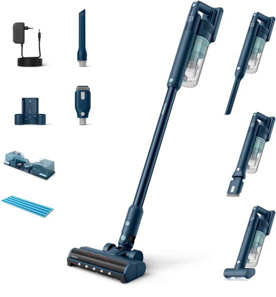 Philips Steelstofzuiger met Dweilfunctie XC5041/01 Aqua - Draadloos en Zonder Zak - Zuigmond met LED Verlichting - Kruimeldief - Batterijduur tot 60 min - Lichtgewicht - Blauw(1 accu， Combizuigmond， Kierenzuigmond)